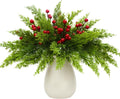 45 Pcs Christmas Artificial Pine Branches with Red Berry Stems 13" Faux Evergreen Norfolk Pine Cypress Leaves Stems Fake Foliage Pine Needles Picks for DIY Craft Garland Indoor Home Decor