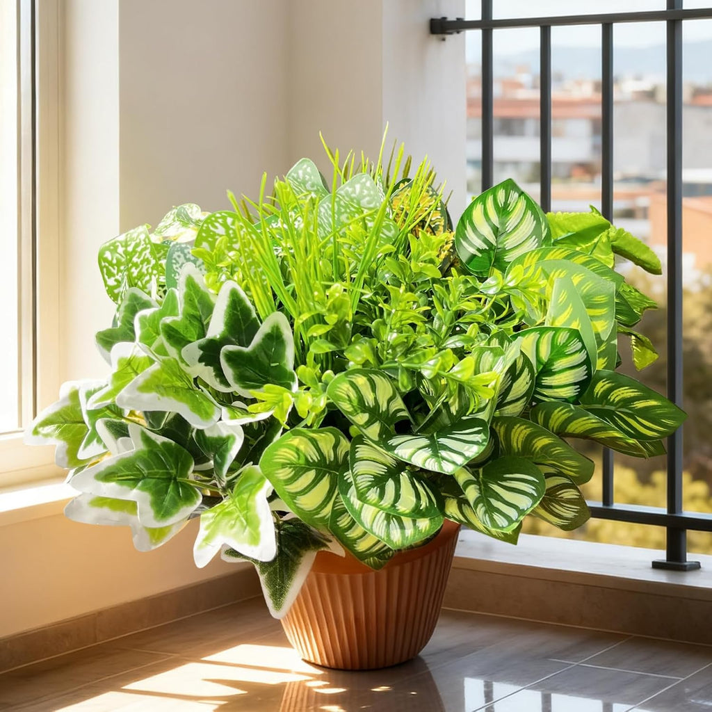 Artificial Plants Outdoor 10 Bundles(Artificial Greenery Fake Plants, Large Bunches Faux Plants with Stems and Plastic Leaves, Outdoor Bushes for Patio Front Porch Yard Garden Decor)