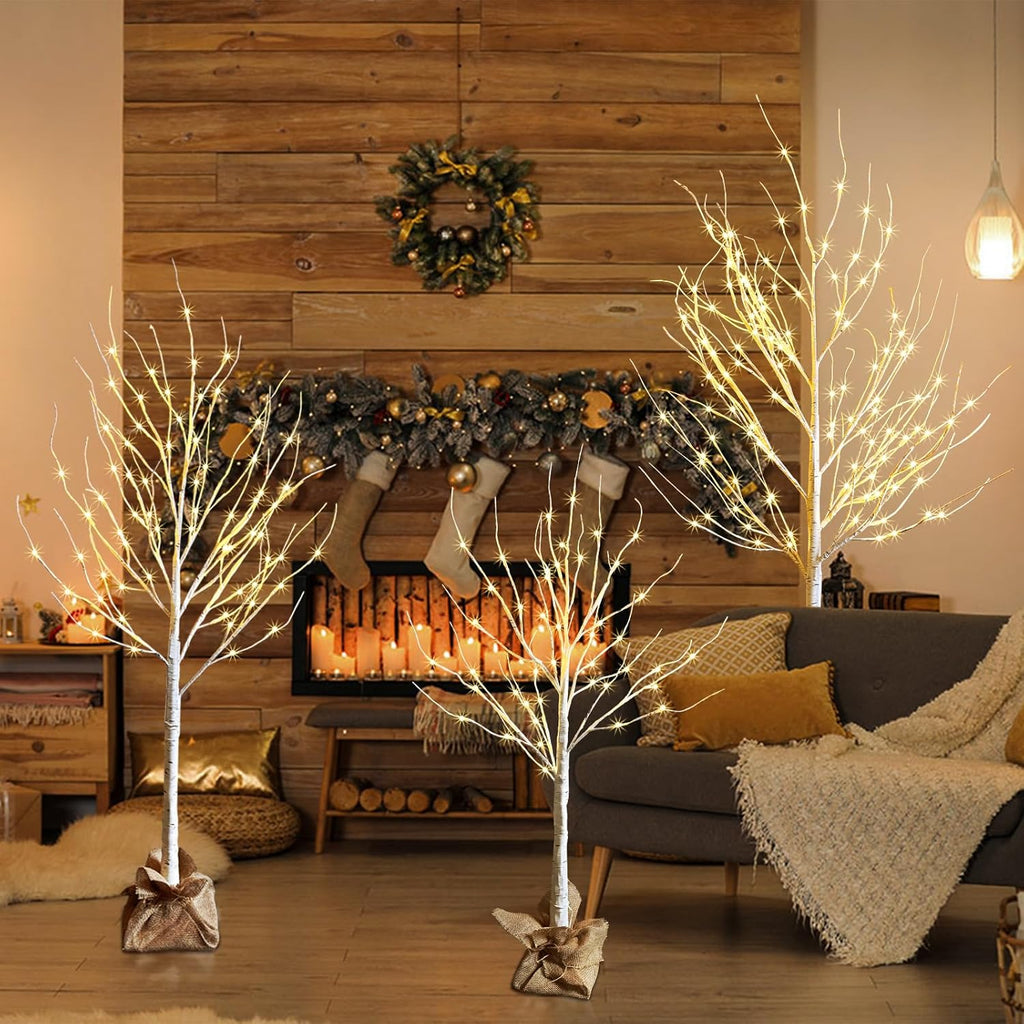 Outdoor Christmas Decoration Lighted Birch Tree, 3 Packs LED Prelit Light up Tree with Burlap Decor, Warm White, Power Supply by Adaptor, Xmas New Year Indoor&Outdoor Decor(4FT&5FT&6FT)