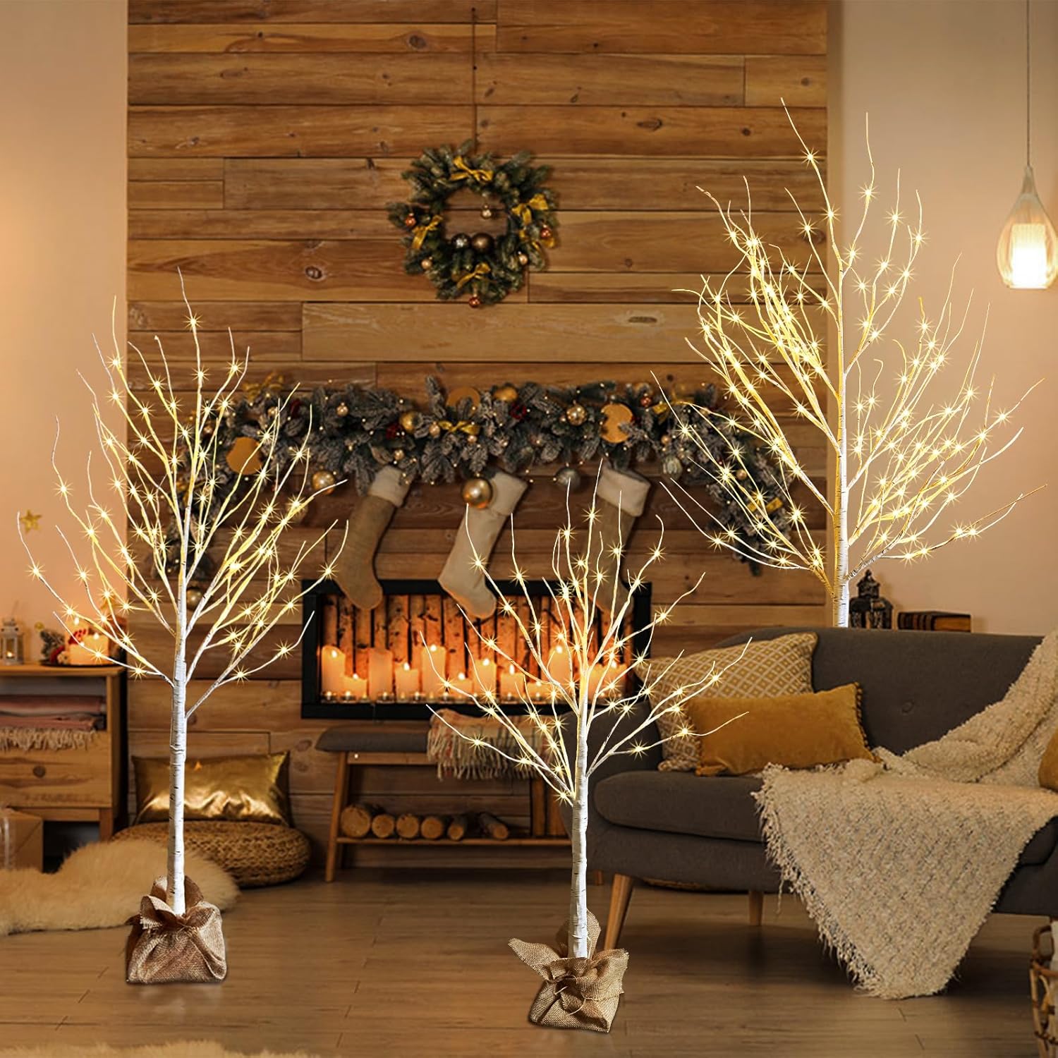 Outdoor Christmas Decoration Lighted Birch Tree, 3 Packs LED Prelit Light up Tree with Burlap Decor, Warm White, Power Supply by Adaptor, Xmas New Year Indoor&Outdoor Decor(4FT&5FT&6FT)