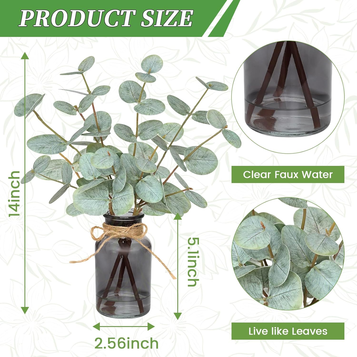 Artificial Eucalyptus Stems in Vase with Faux Water,Fake Plants for Bathroom,Coffee Table,Green Leaves for Centerpiece,Faux Greenery Plants Decorations.(Green-Black Bottle)