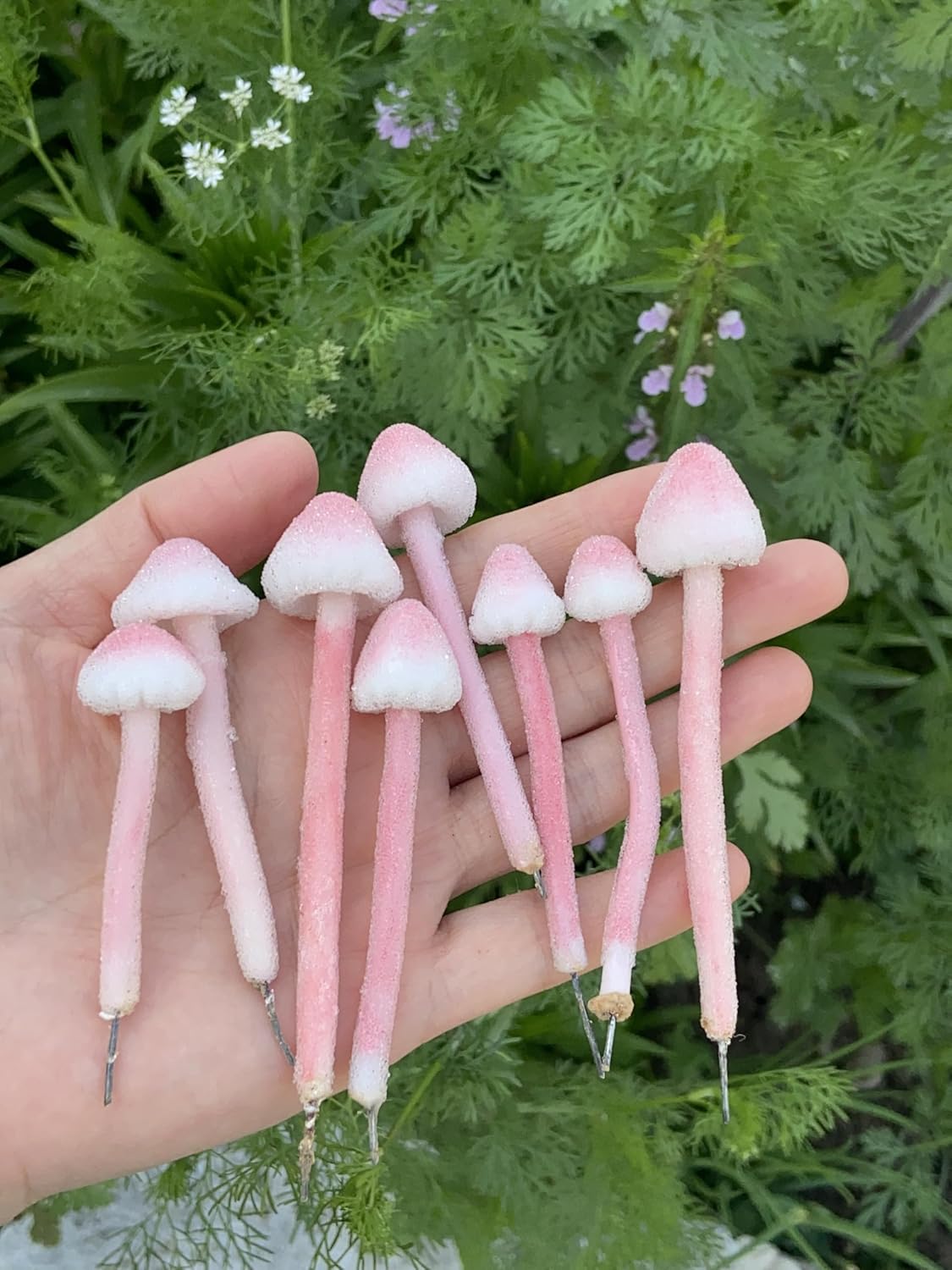 8-Pcs Handmade Glittery Pink Resin Mini Mushrooms for Fairy Desk Plants, Miniature Terrarium Decor & Micro Landscape (not Include The vase)