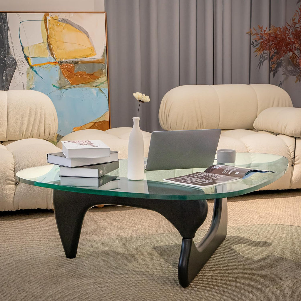 Triangle Glass Coffee Table Modern Noguchi Coffee Table, Vintage Glass, and Wood End Table, Solid Wood Base and Clear Glass Top Accent Coffee Table, for Living Room, Patio