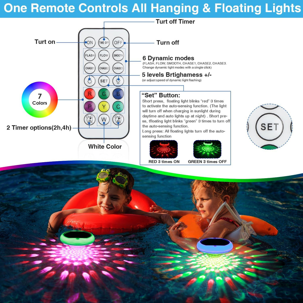 Solar Floating Pool Lights, 2600mAh USB Rechargeable Pool Lights That Float with Remote, 6.7’’ IP68 Waterproof Floating Light, 13 Colors Changing Upper and Lower Glow Hangable Solar Light for 4 PACK