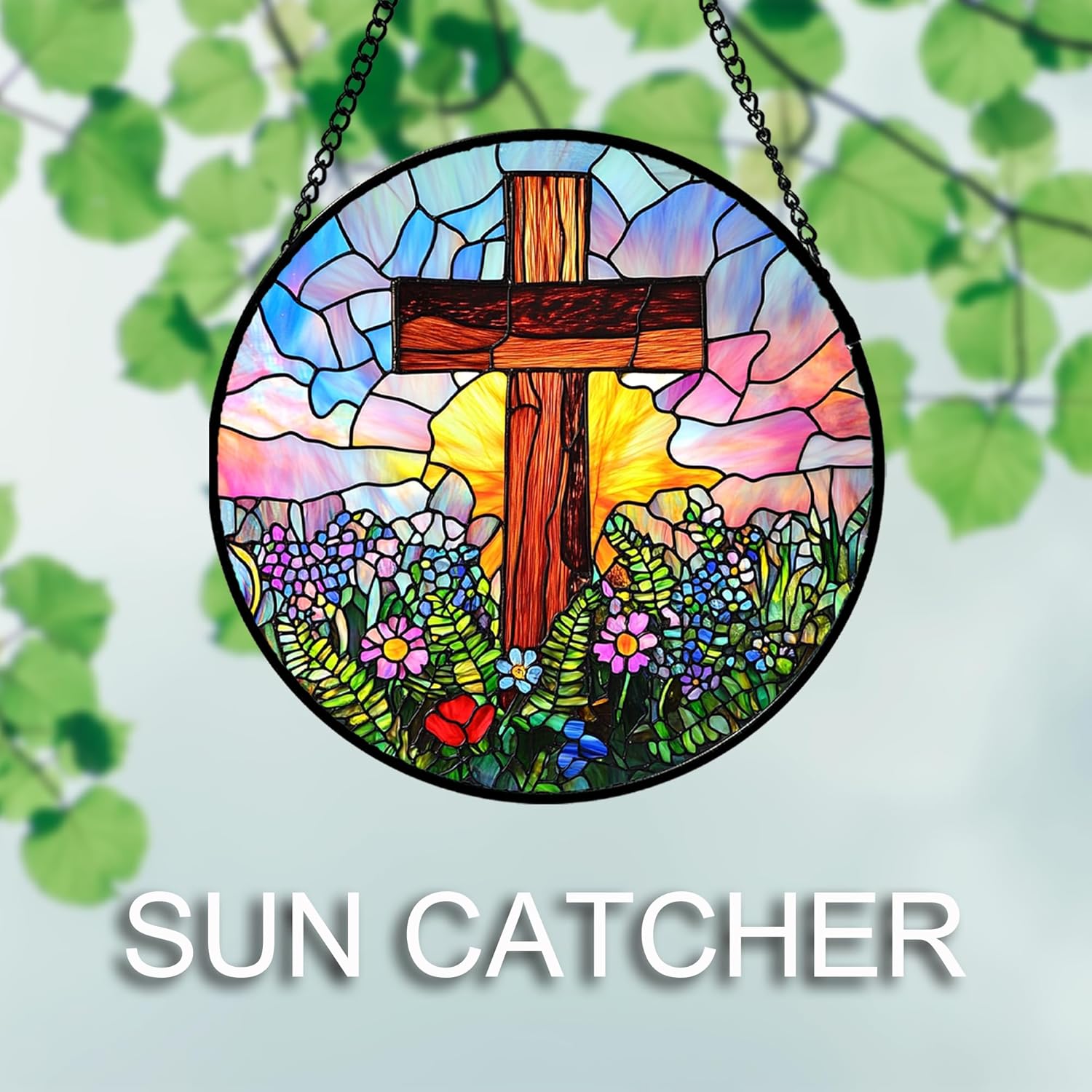 Christian Gifts for Women - Cross Stained Glass Window Hanging Jesus Easter Colorful Wildflowers Sun Catcher Garden Religion Decor Mother's Day Catholic Gift for Men Grandma Mom Her 7.8"