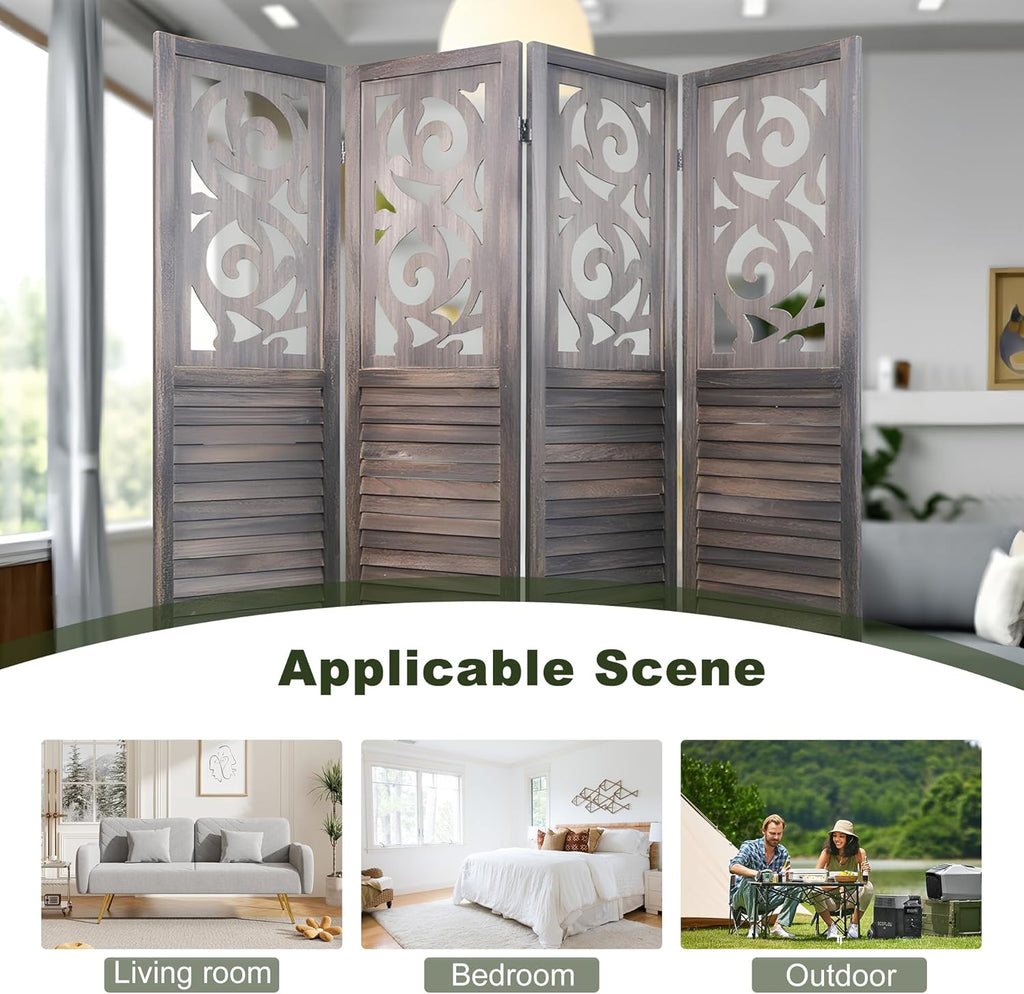 NicBex 4 Panel Room Divider 5.6FT Wood Carved Room Dividers, Folding Privacy Screens Portable Freestanding Partition Wall Dividers for Home Bedroom Office, Rustic Brown