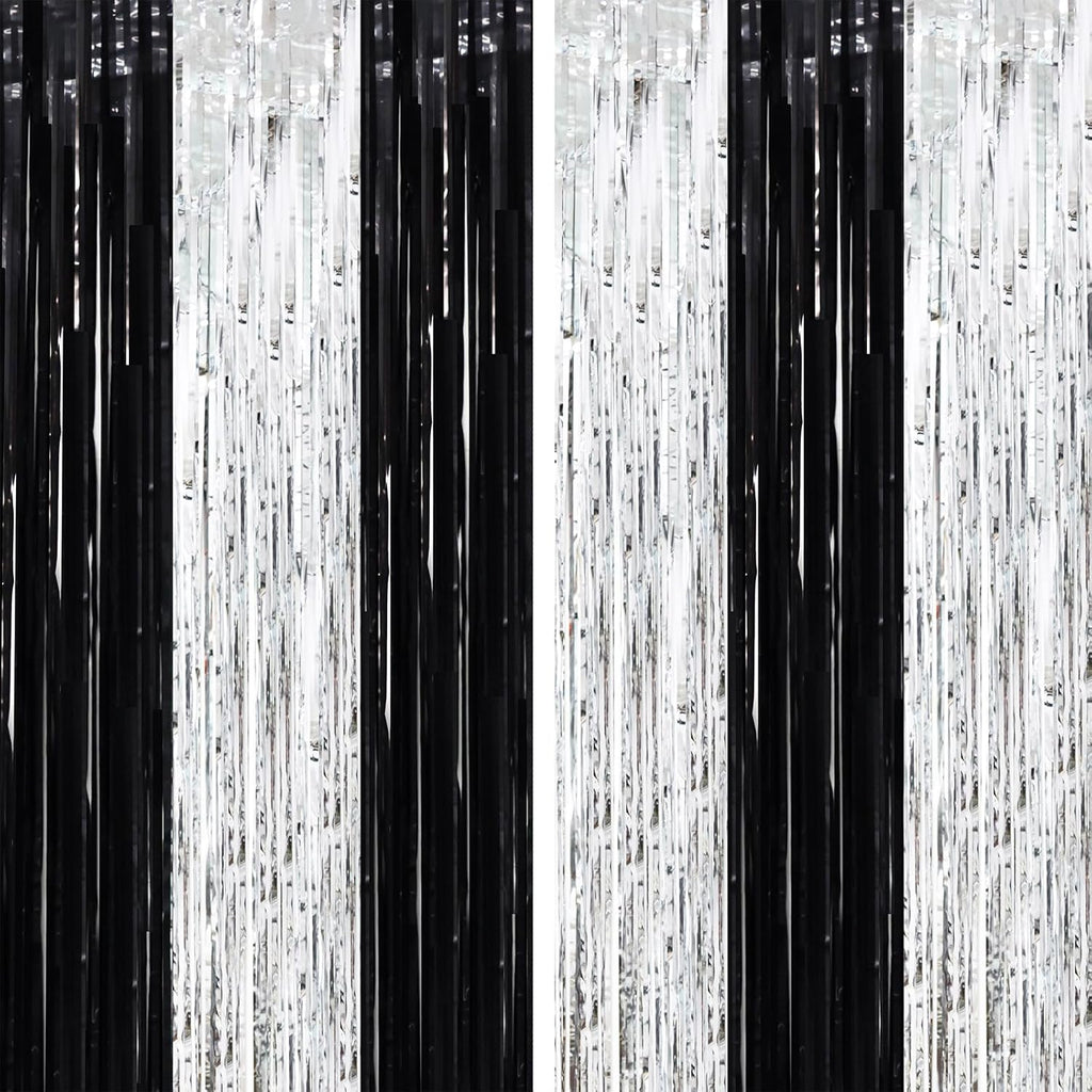 2 Pack Black and Silver Tinsel Foil Fringe Curtains, Black White Party Decorations, Metallic Tinsel Party Streamers Backdrop for New Years Birthday Christmas Graduation Decorations
