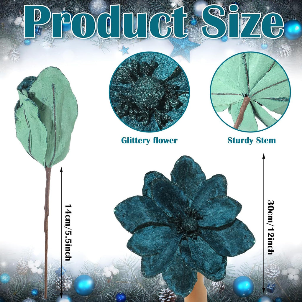 8 Pcs Large Christmas Flower Magnolia Flowers Christmas Tree Decoration Artificial Poinsettia Stems Velvet Xmas Ornaments for Xmas Tree Table Decor(Peacock Green,12 Inch)