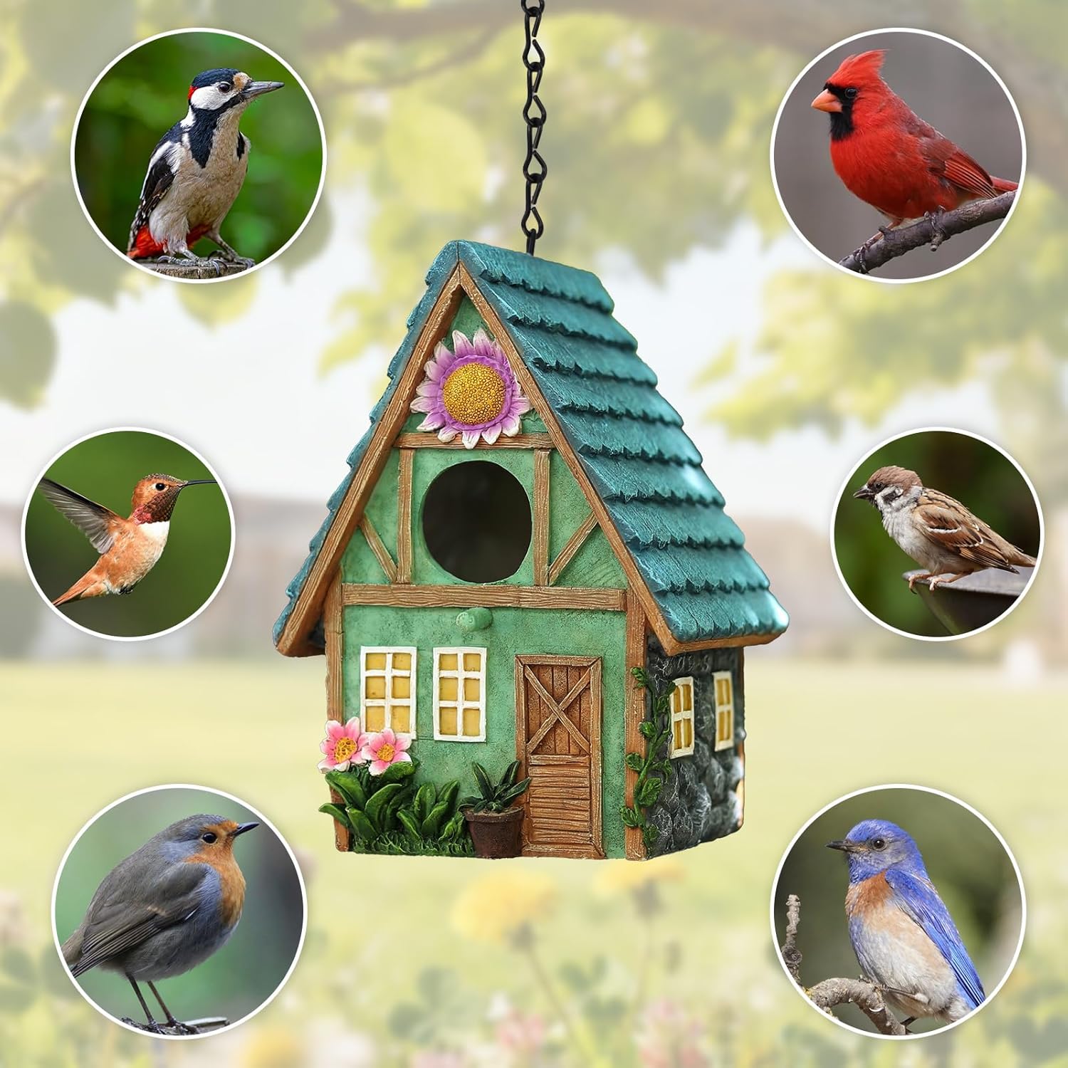 Bird Houses for Outside Cottage-Style Hanging Birdhouse with Flower Accents – Hand-Painted Resin Decorative Bird House for Outdoors for Hummingbird Finches Cardinals Bird Nesting Garden, Patio, Yard