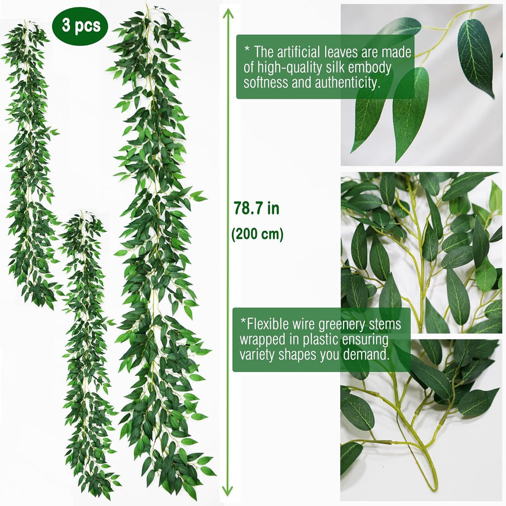 3 Strands Artificial Italian Ruscus Vines 78" Silk Italian Ruscus Greenery Garland with Green Leaves Faux Greenery Vines Stems for Table Centerpieces Wedding Arch Flowers Home Decor