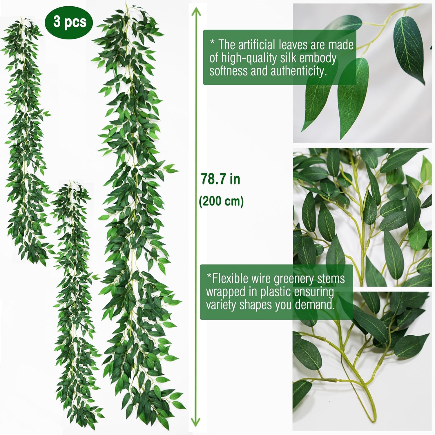 3 Strands Artificial Italian Ruscus Vines 78" Silk Italian Ruscus Greenery Garland with Green Leaves Faux Greenery Vines Stems for Table Centerpieces Wedding Arch Flowers Home Decor