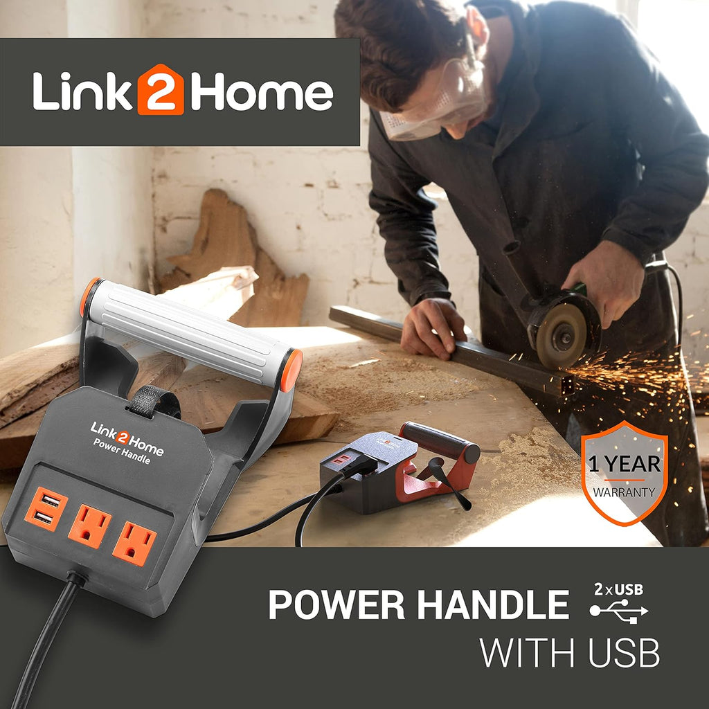 Link2Home 20 Ft. Power Handle Extension Cord W/ 2 Outlets & 2 USB Ports - Wall Bracket & Hardware Included