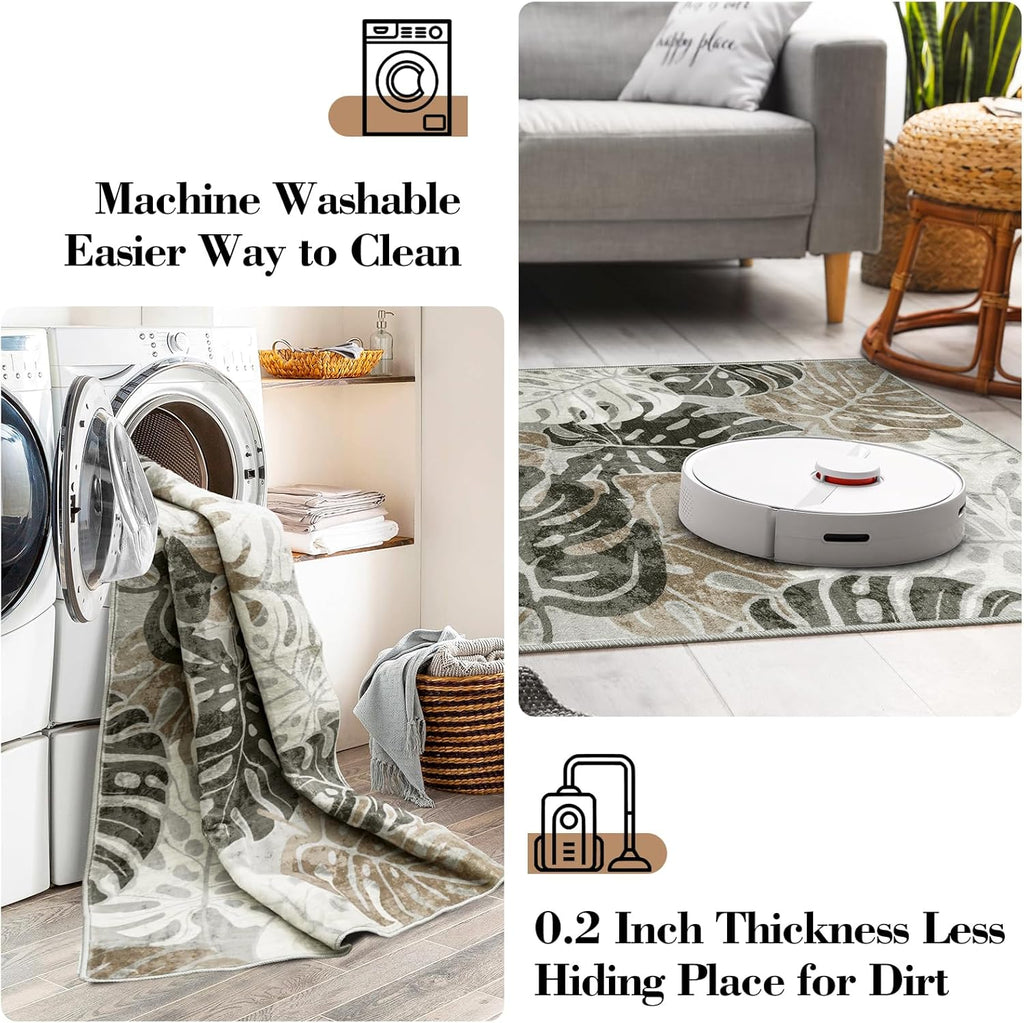 Wonnitar 2x6 Washable Runner Rug, Monstera Non-Slip Runner Rugs for Hallway Leaf Laundry Room Mat, Tropical Soft Low Pile Entryway Indoor Carpet for Kitchen Bathroom Decor, Khaki