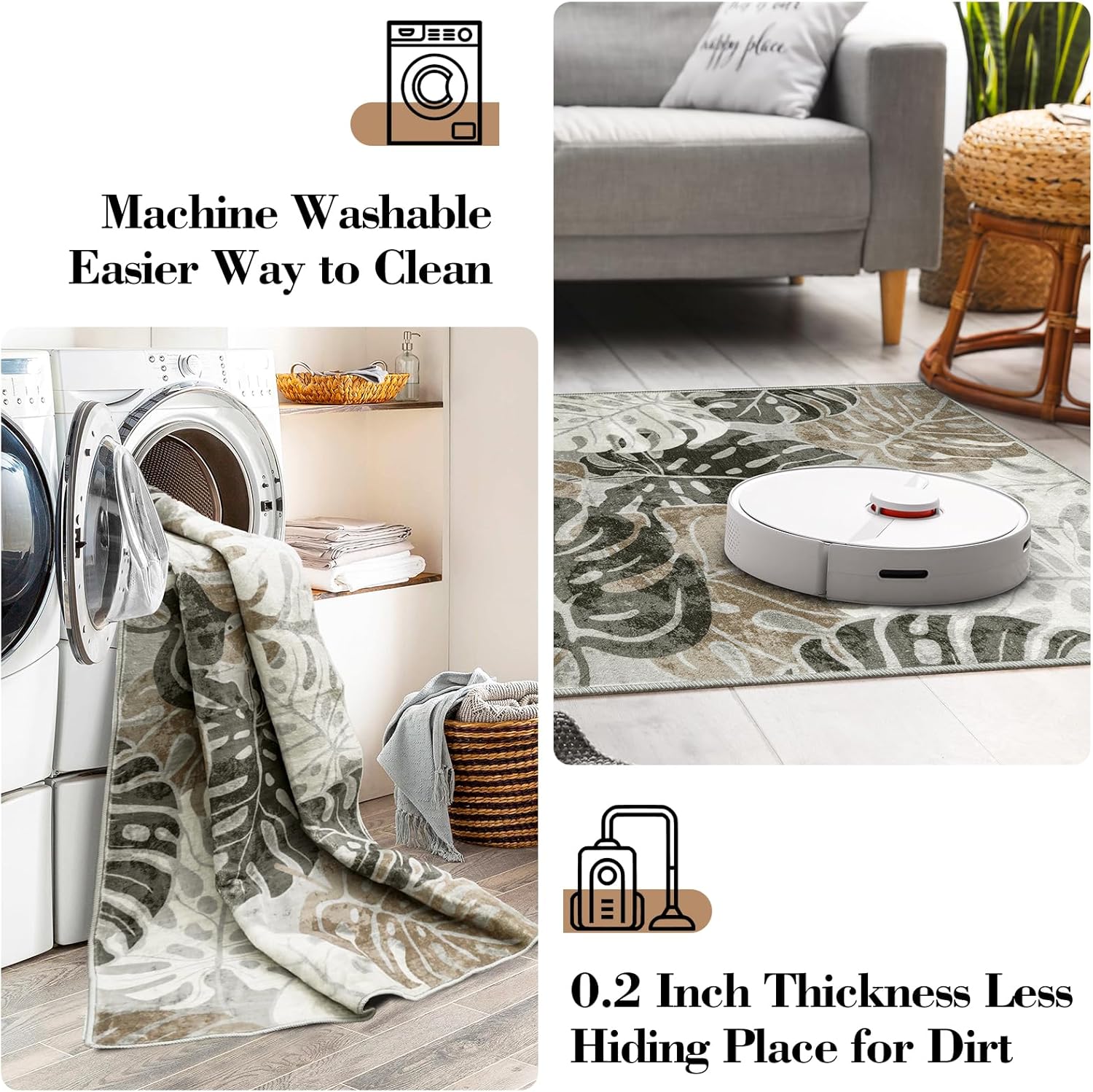 Wonnitar 2x6 Washable Runner Rug, Monstera Non-Slip Runner Rugs for Hallway Leaf Laundry Room Mat, Tropical Soft Low Pile Entryway Indoor Carpet for Kitchen Bathroom Decor, Khaki