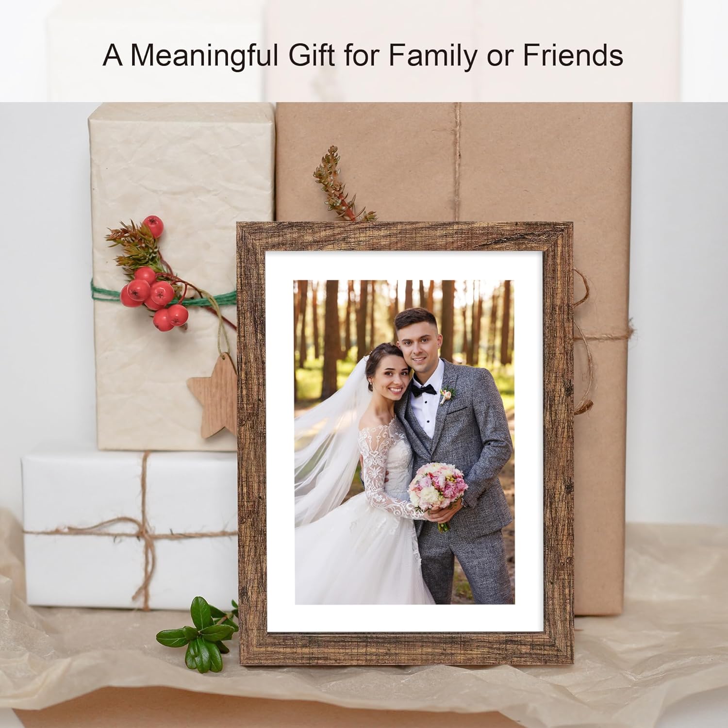 10x14 Picture Frame Set of 4, Made of Glass and Rustic Brown Wooden Frame, Display 8x12 Pictures with Mat or 30 x 40cm Diamond Painting Art without Mat for Wall Mounting, Gallery Photo Frames