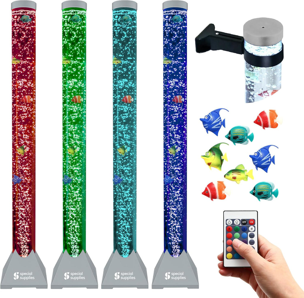 Special Supplies Aquarium Sensory Fish Bubble Light Tube with 16 LED Color Changing Nightlight Effect, Remote Control, and 8 Fishes, Colorful Floor Standing Lamp for Kids and Adults (4 feet)