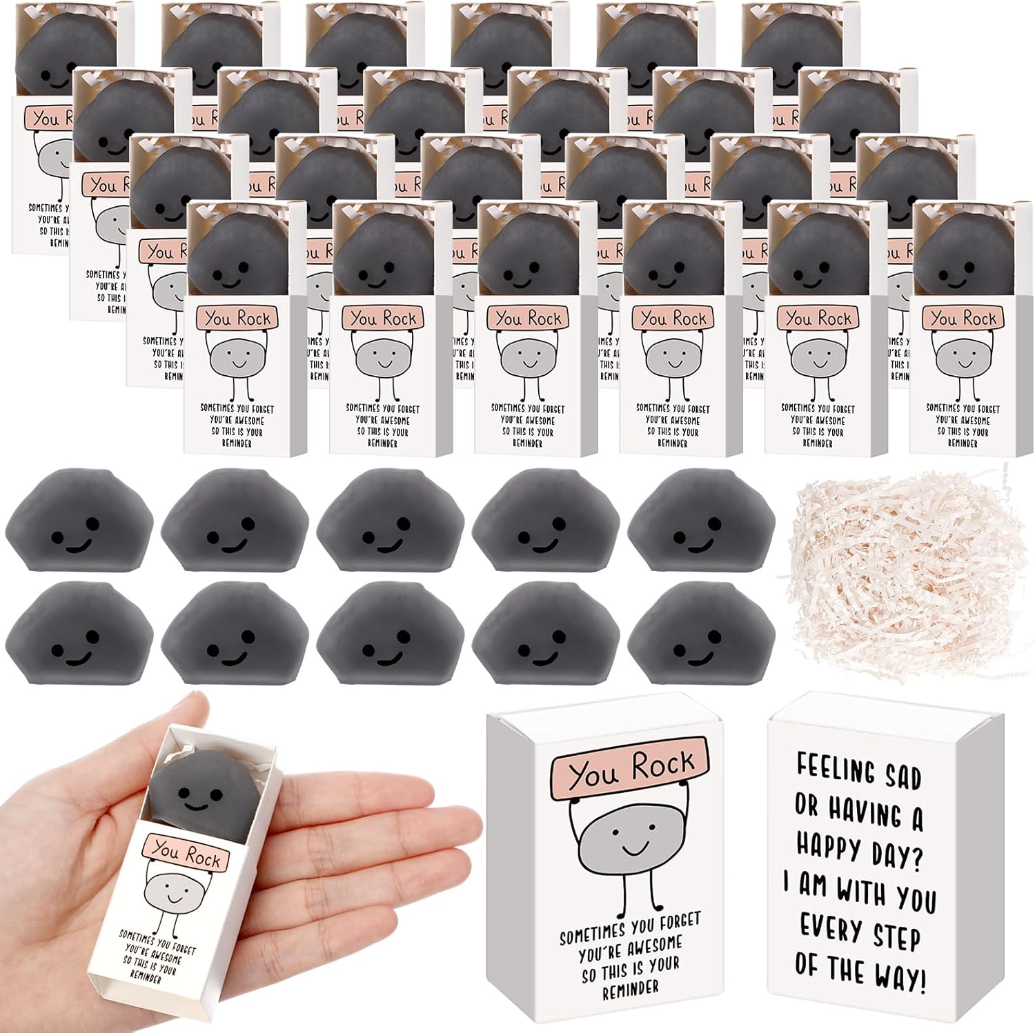 Wettarn 48 Sets You Rock Gifts Cute Stress Balls with Support Gift Boxes Inspirational Party Favors for Employee Coworker Friends Office Positive Relief Toys