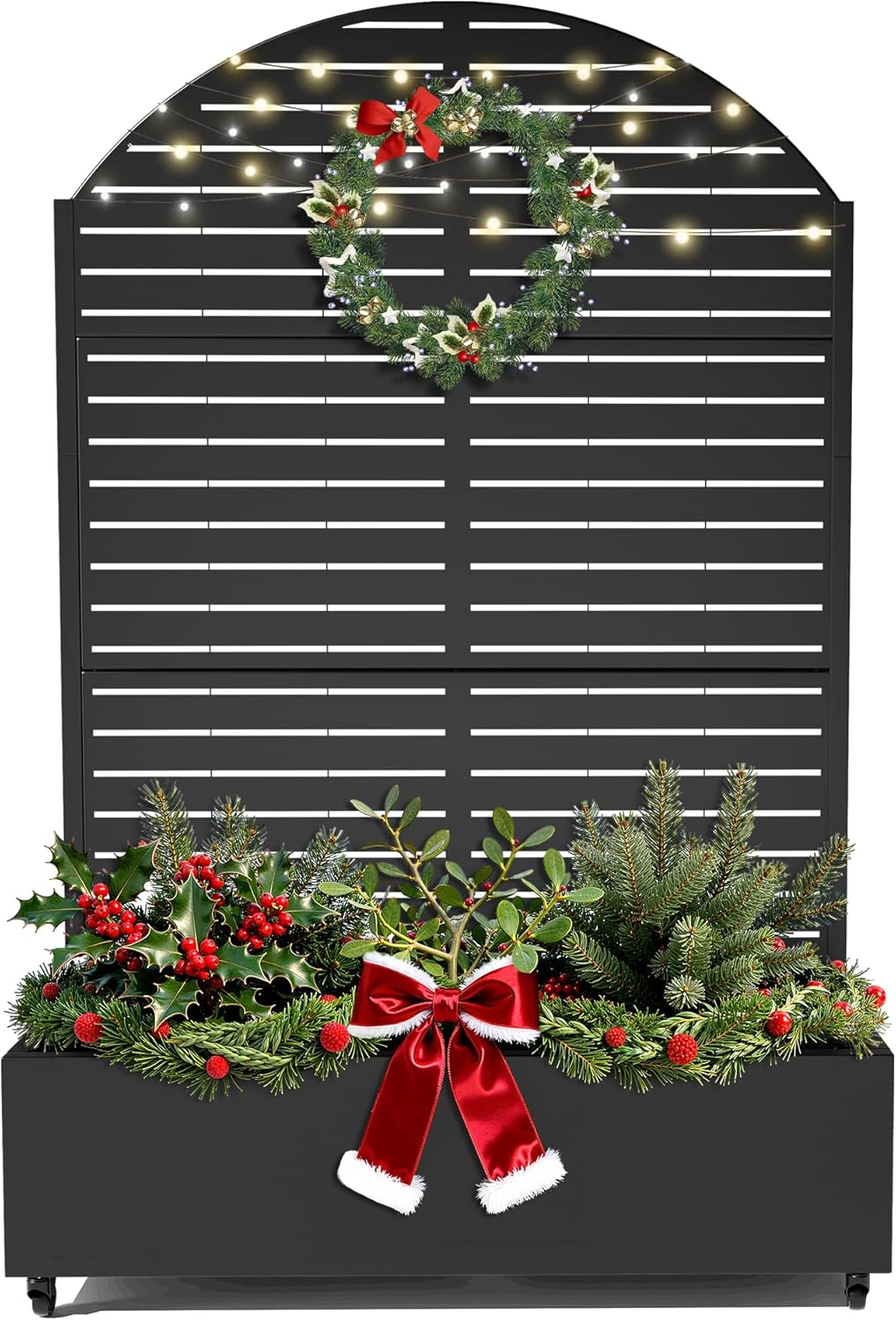 FENCY Metal Raised Garden Bed with Wheels and Trellis,Arched 73"x47"x16" Planter Box for Climbing Plants, Vegetables & Vines, Features Privacy Screen and Drainage Holes (Black-Louvered)