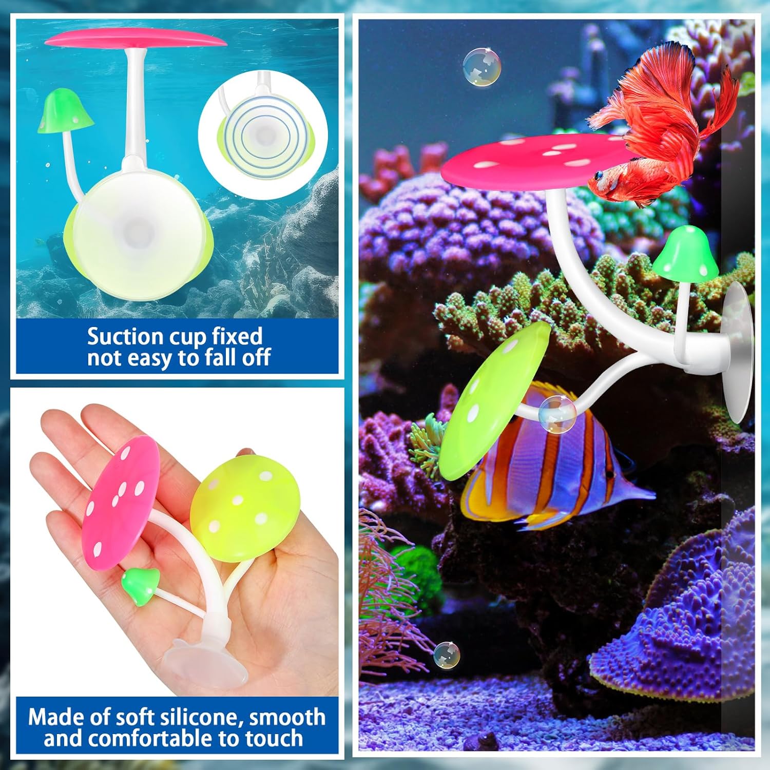 Boao 4 Pieces Betta Fish Tank Accessories Betta Leaf Hammock Pad Simulating The Natural Habitat for Tank Aquarium Spawning Grounds Breeding Resting Bed(Mushroom)