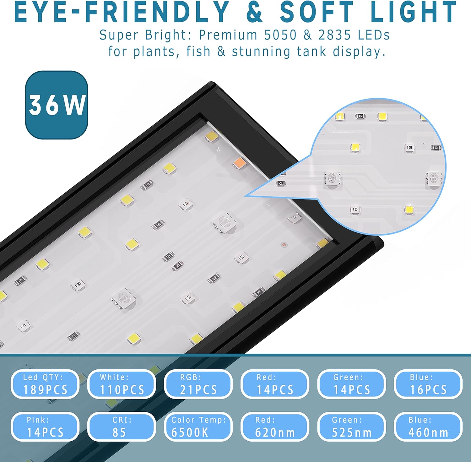 24/7 Mode LED Aquarium Light for 45-54 Inch Plant & Fish Tank, IP68 Full Spectrum Light, Sunrise-Daylight-Moonlight, White Red Green Blue Pink LEDs with Extendable Brackets for Freshwater