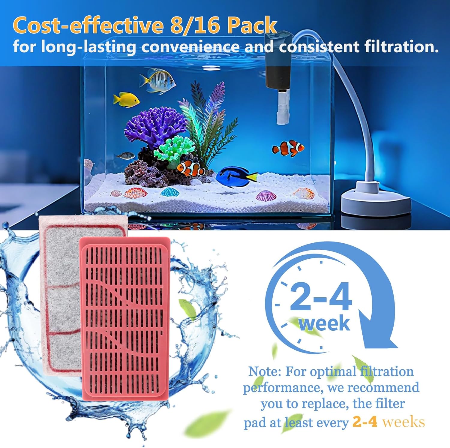 Aquarium Filter Cartridges Replacement Compatible with Whisper 3i Internal Fish Tank Filter, Multi-Layer Filter Pad with Cotton, Activated Carbon & Zeolite, 8 Pack