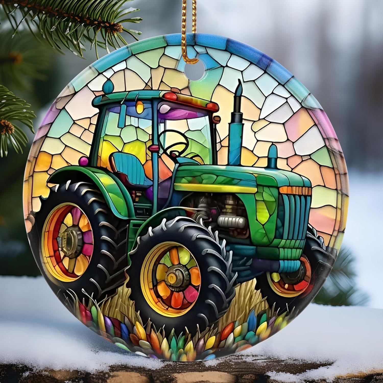 Touber Christmas Ornament, Christmas Decoration, Holiday Present Idea, Heirloom Keepsake, Round Ceramic, Gift Exchange, Gift Idea, Tractor