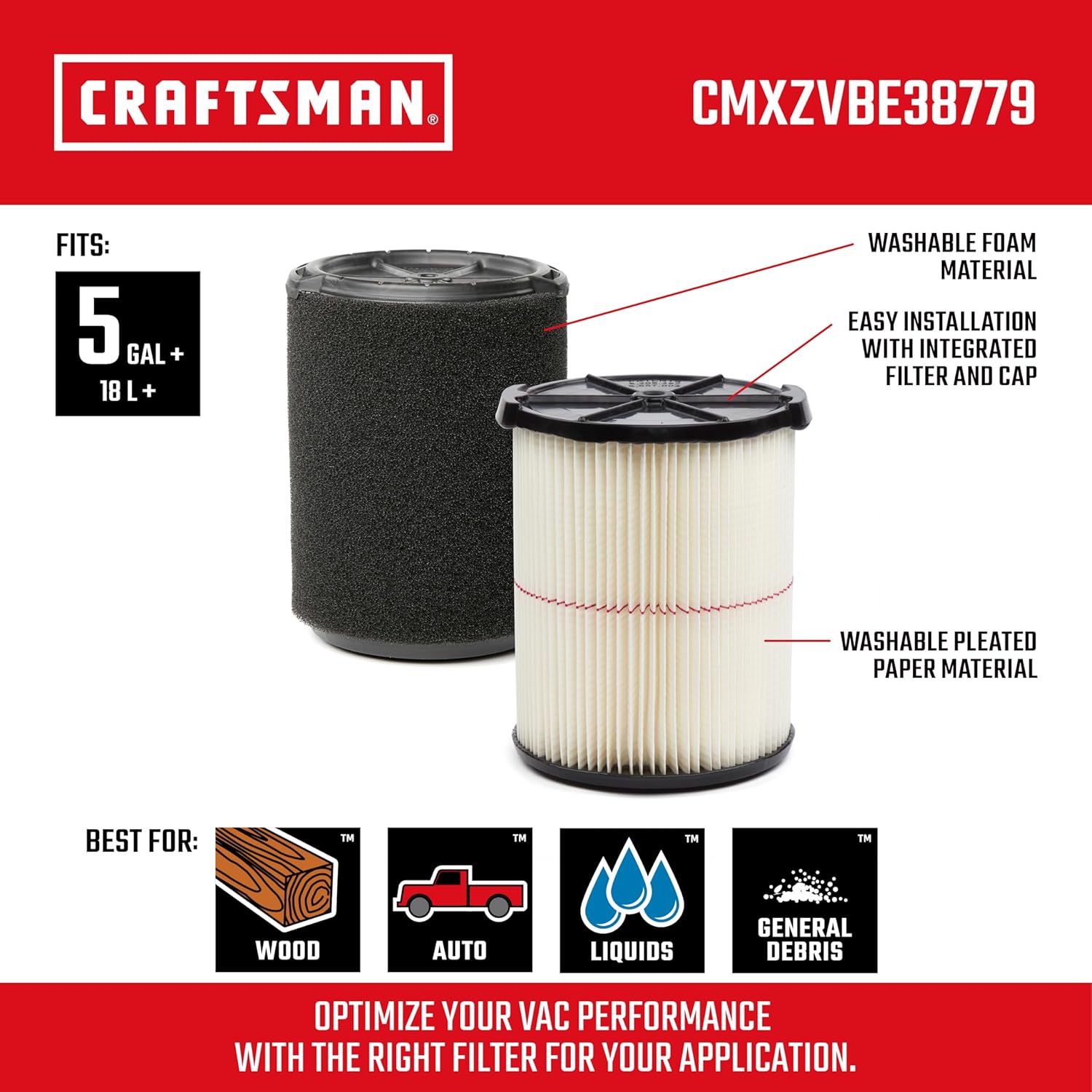 CRAFTSMAN CMXZVBE38779 Genuine General Purpose and Wet Application Wet Dry Vac Replacement Vacuum Filters for Most 5 to 20 Gallon CRAFTSMAN Shop Vacuums, Easy Installation, Liquid and Dry Pick-ups