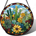 Stained Glass Window Hanging Green Cactus with Yellow Flowers 6.3" - Suncatcher Door Garden Sun Catcher Home Decor Birthday Christmas for Mom Men Woman Friend Nana