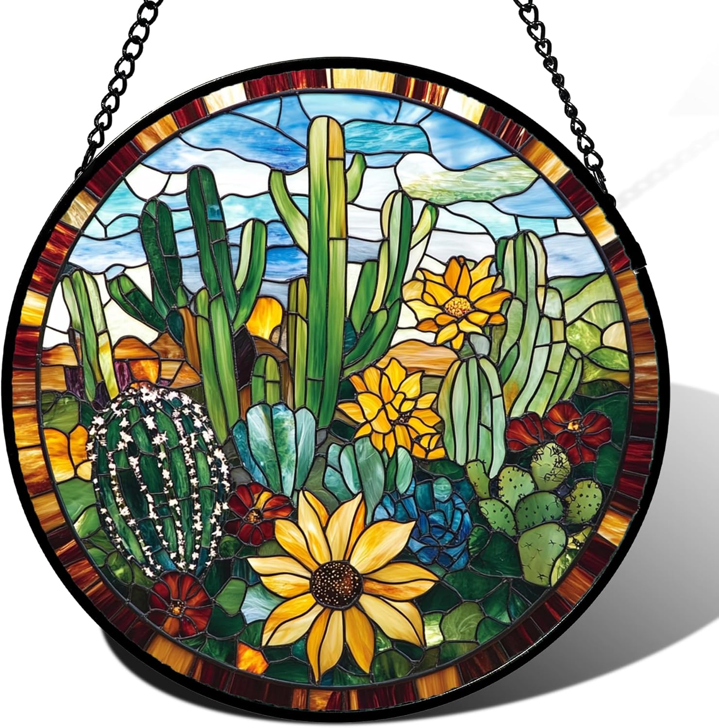 Stained Glass Window Hanging Green Cactus with Yellow Flowers Large 15" - Suncatcher Door Garden Sun Catcher Home Decor Birthday Christmas for Mom Men Woman Friend Nana
