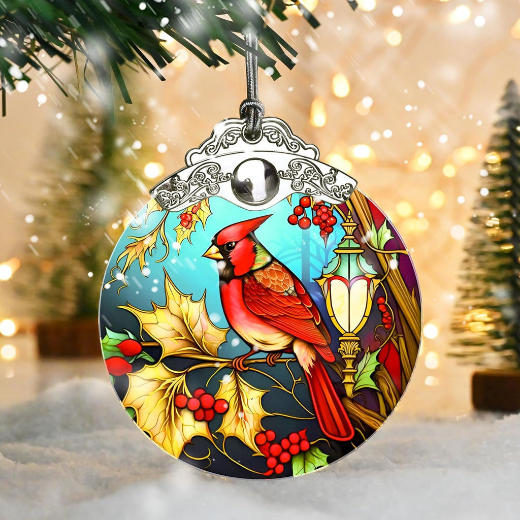 Christmas Ornament - Red Bird Cardinal Stained Glass Decor - Holiday Decorations and Xmas Gift Ideas for Tree