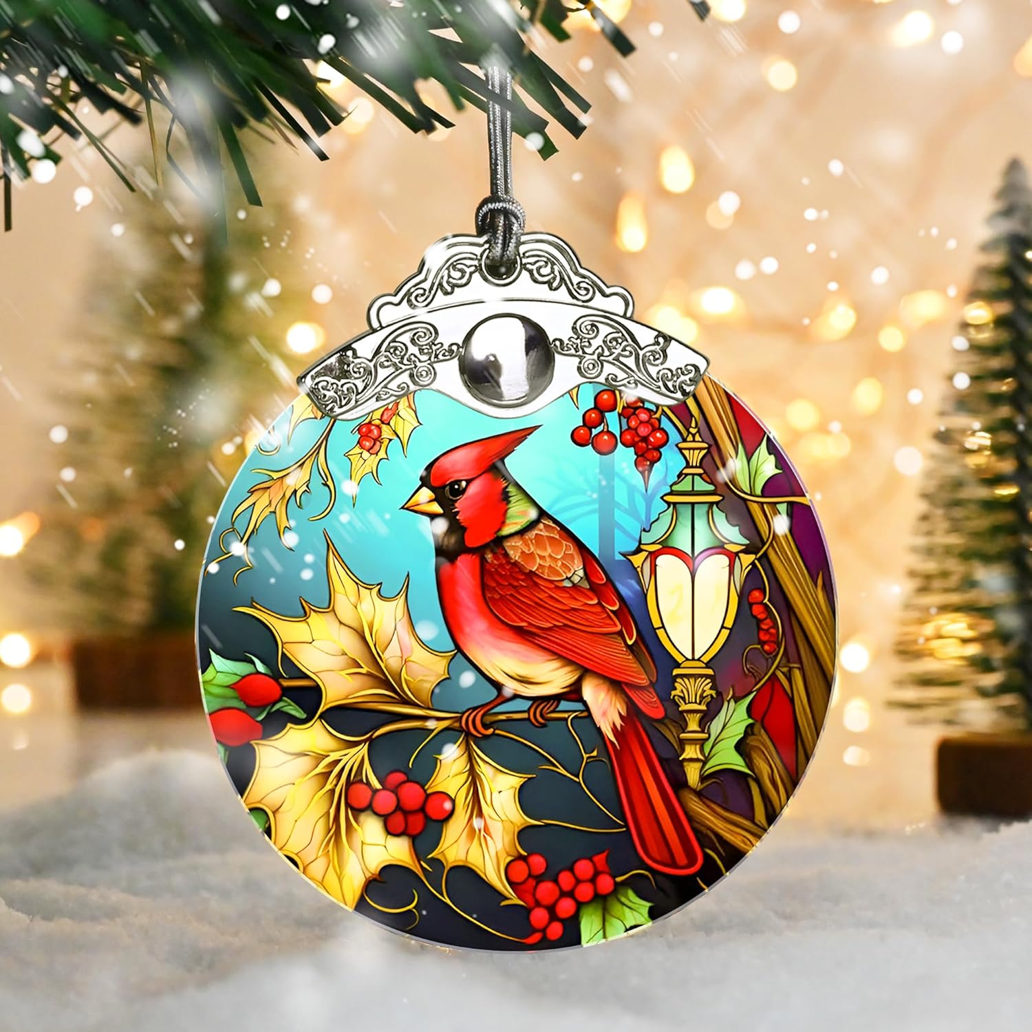 Christmas Ornament - Red Bird Cardinal Stained Glass Decor - Holiday Decorations and Xmas Gift Ideas for Tree