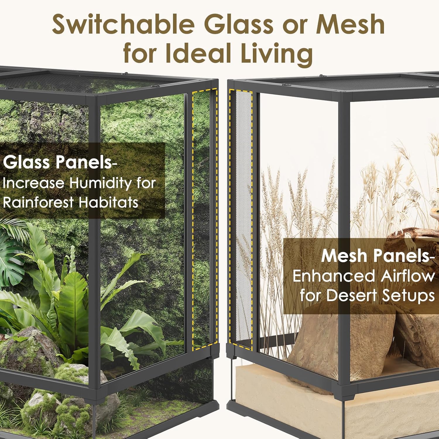 Erinnyees 74 Gallon Reptile Terrarium with Top Screen Ventilation, Snake Habitat with Heating Pad Space, Front Opening Reptile Vivarium with Sliding Cable Outlet for Leopard Geckos, Snakes, Turtles