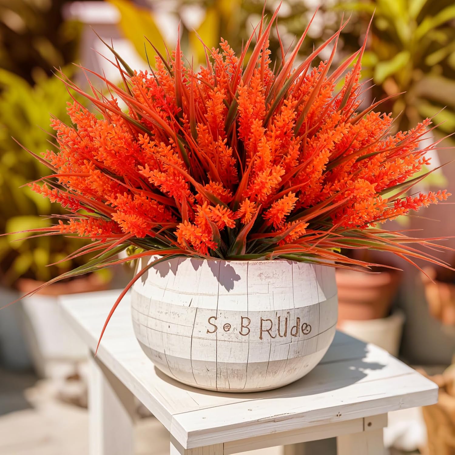 Geegoods Artificial Plants Flowers Outdoor – Faux Lavender Flowers with Monkey Grass UV Resistant Plastic Faux Plants for Garden Porch Window Patio Hanging Planter Home Decor (Autumn-red, 48PCS)