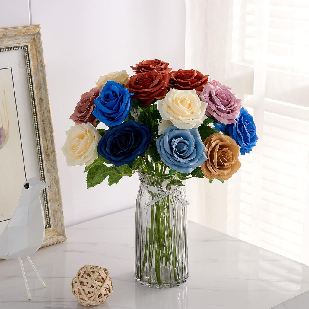 Artificial Rose 10pcs Open Flower Bouquet Navy Blue Faux Rose Stems for Wedding Arrangement, Bridal Bouquet, Centerpiece, Fake Faux Silk Flowers