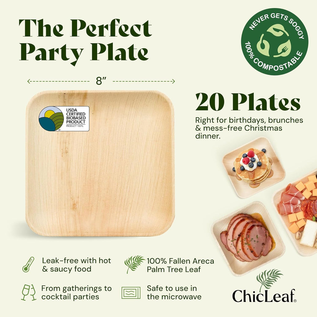 Chic Leaf Palm Leaf Disposable Bamboo Plates - Square Party Plates for Weddings, Christmas Dinner, Parties, Event Appetizers, Turkey - Biodegradable & Compostable - Party Supplies (8", 20 Pack)