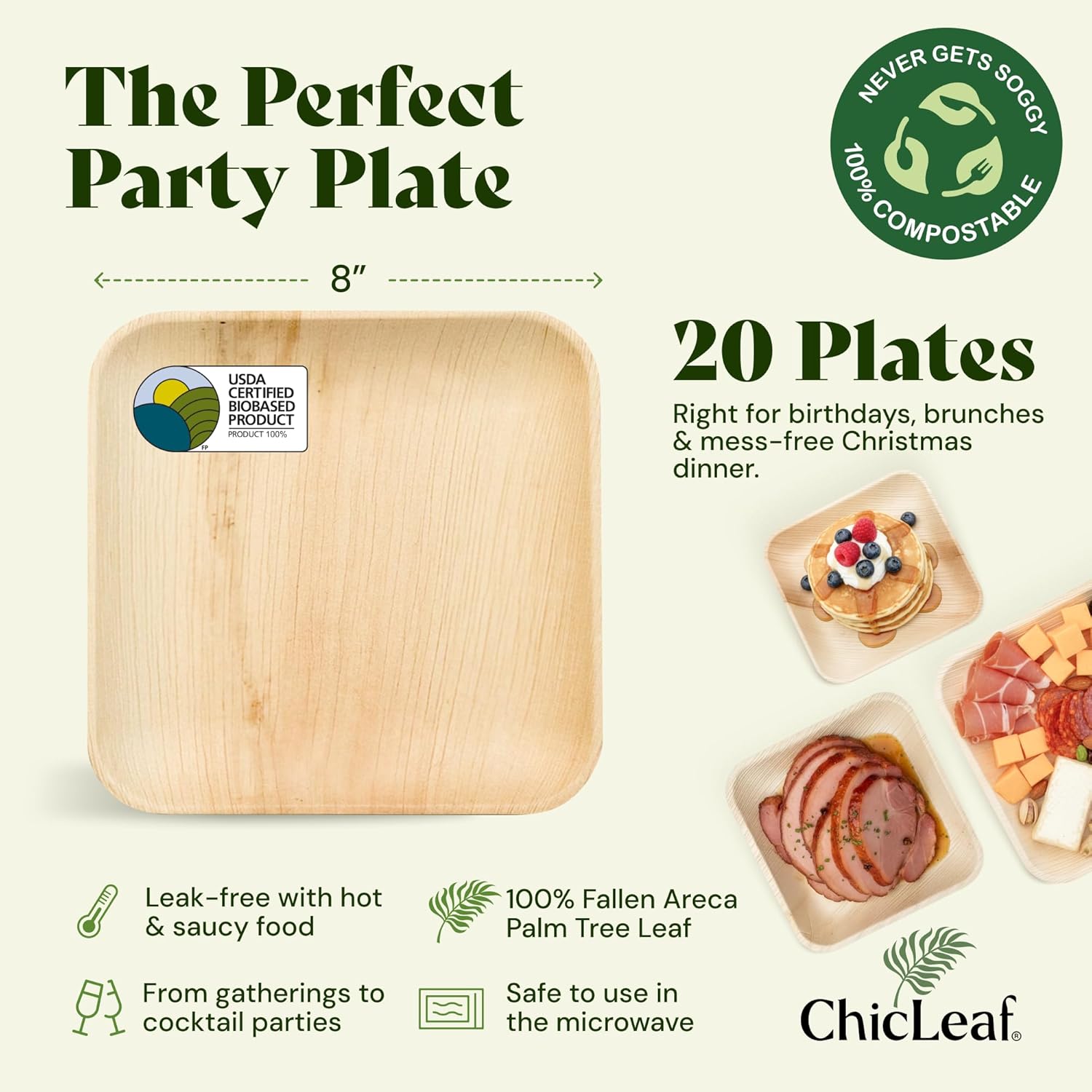 Chic Leaf Palm Leaf Disposable Bamboo Plates - Square Party Plates for Weddings, Christmas Dinner, Parties, Event Appetizers, Turkey - Biodegradable & Compostable - Party Supplies (8", 20 Pack)