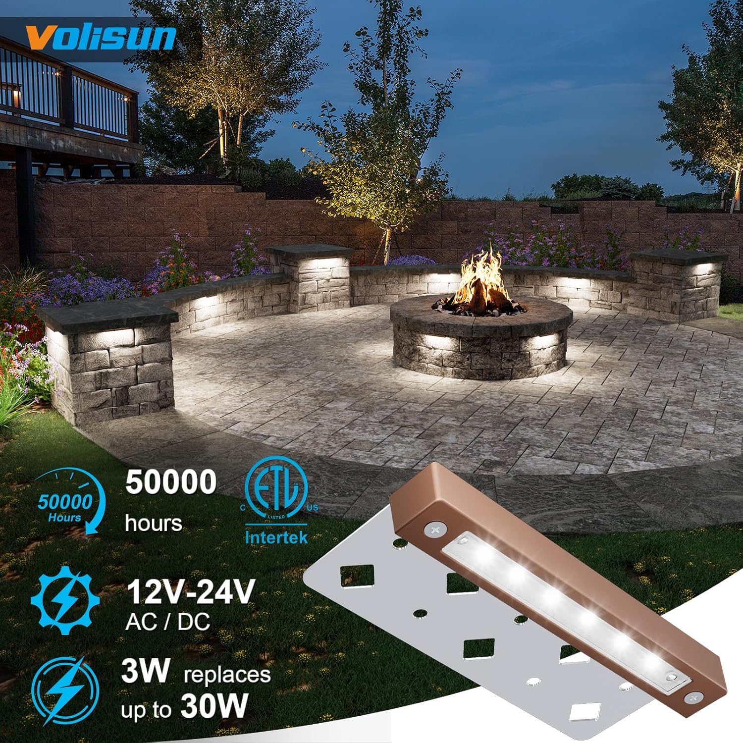 VOLISUN 12 Pack 7 Inch Retaining Wall Lights, Waterproof LED Hardscape Lighting, Cuttable Low Voltage Landscape Lighting, 12V Paver Lights, 3W Outdoor Step Lights, 5000K Daylight, ETL