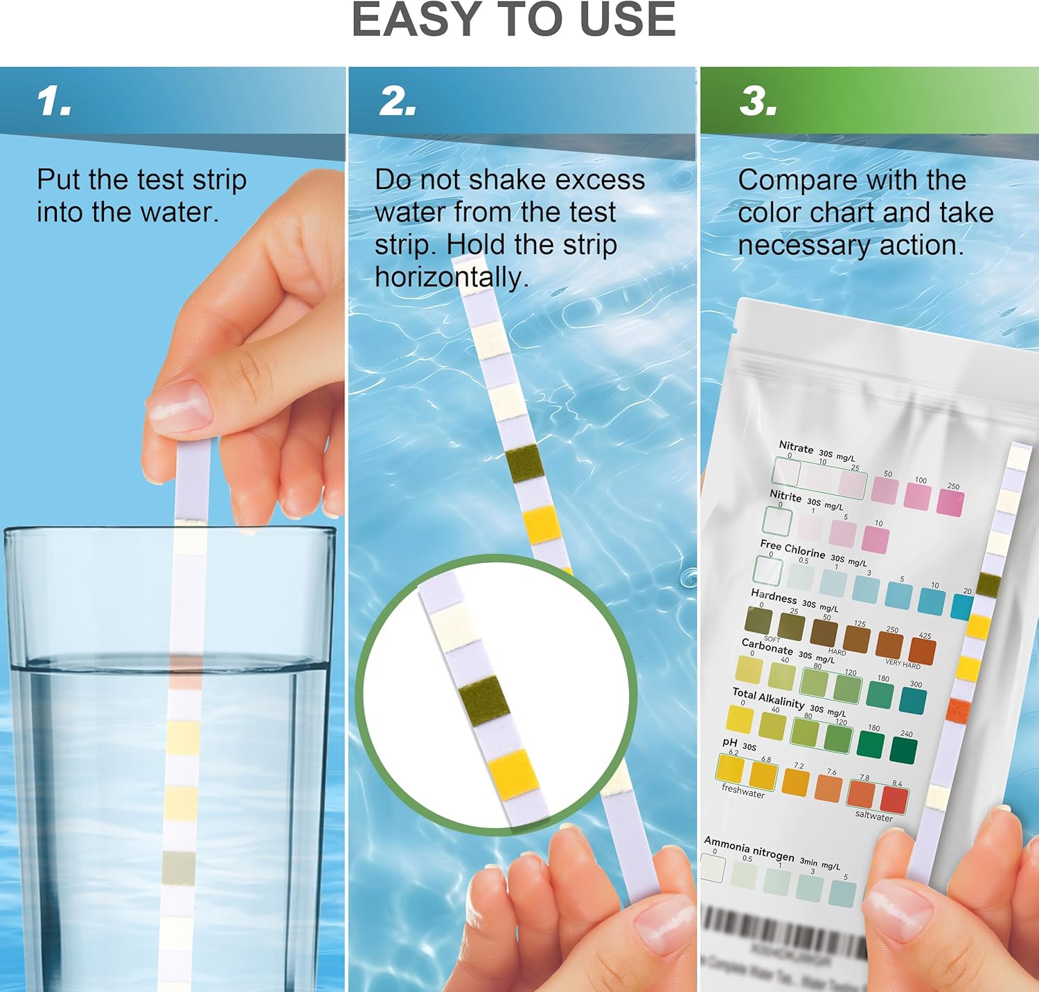 AAwipes Aquarium Ammonia Test Strips 8-in-1 |250 Strips Bag Packs| Quick & Accurate Water Testing Test pH, Carbonate, Alkalinity, Hardness, Chlorine, Nitrite, etc. (K02-250)