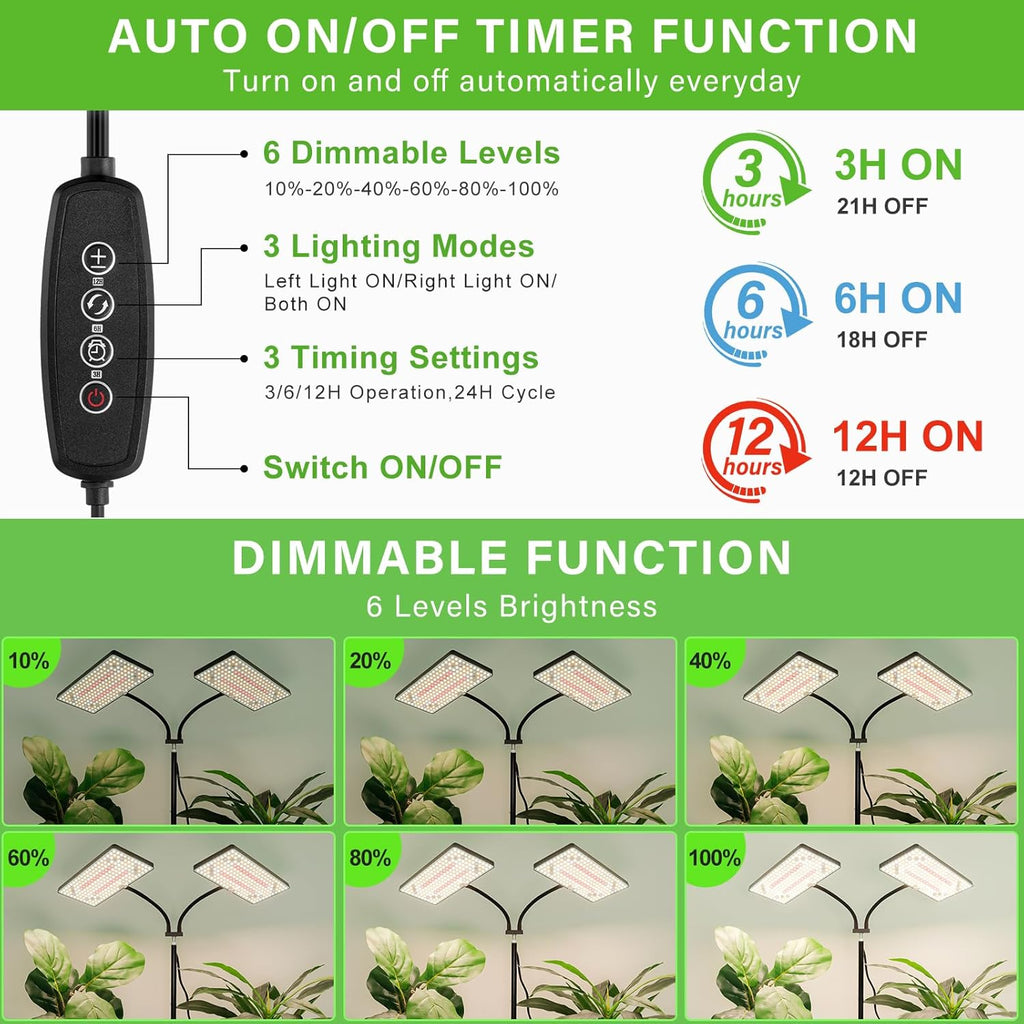 LBW Latest Grow Light for Indoor Plants, 428 LED Dual-Head Full Spectrum Standing Plant Light, Floor Grow Lamp with 3/6/12H Timer, 6 Brightness Levels, 3 Switch Modes, 75" Adjustable Tripod Stand