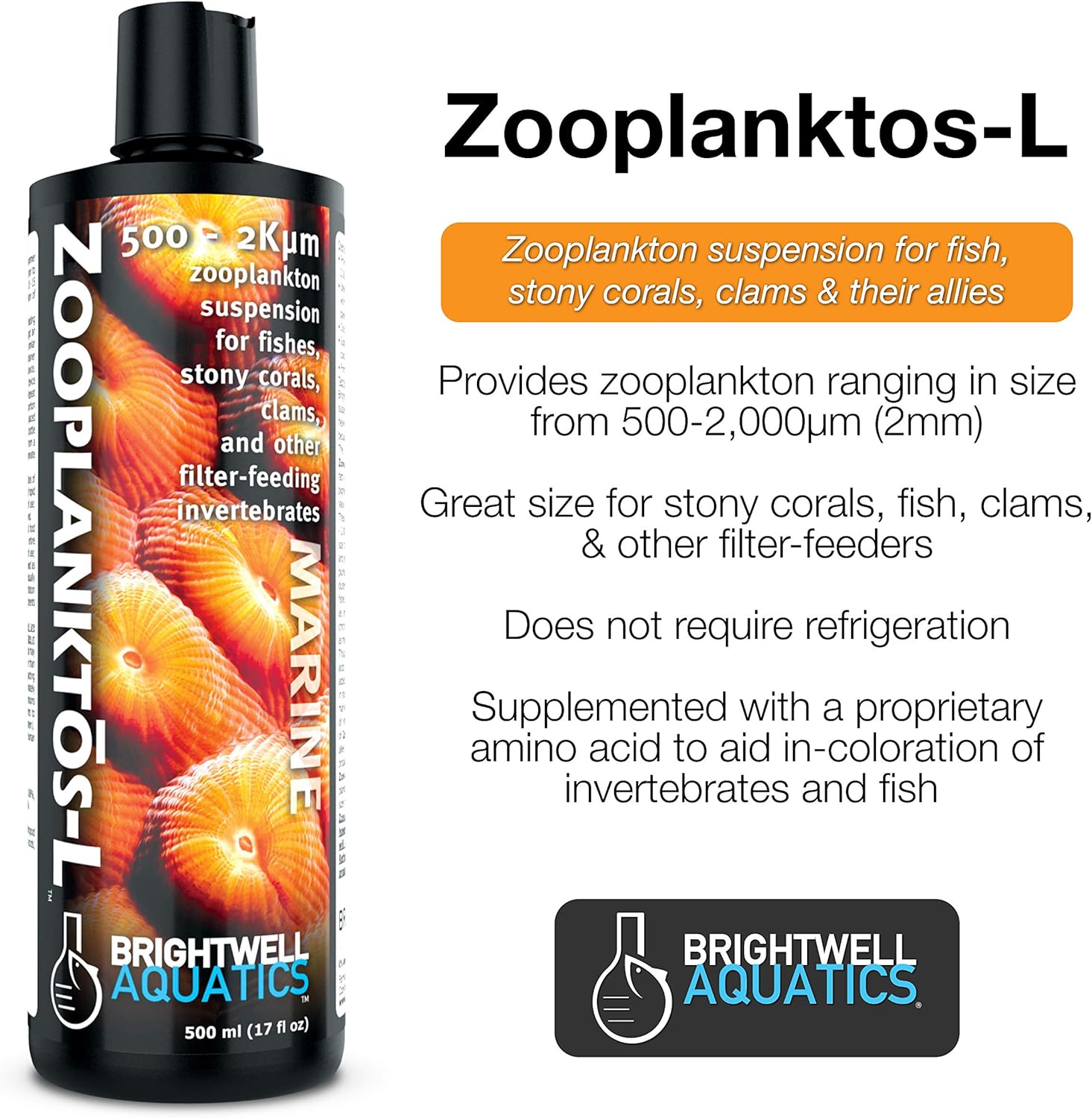 Brightwell Aquatics Zooplanktos L - Zooplankton Suspension for Fishes, Stony Corals, Clams, and Other Filter-Feeders, 500-ml (ZPL500)