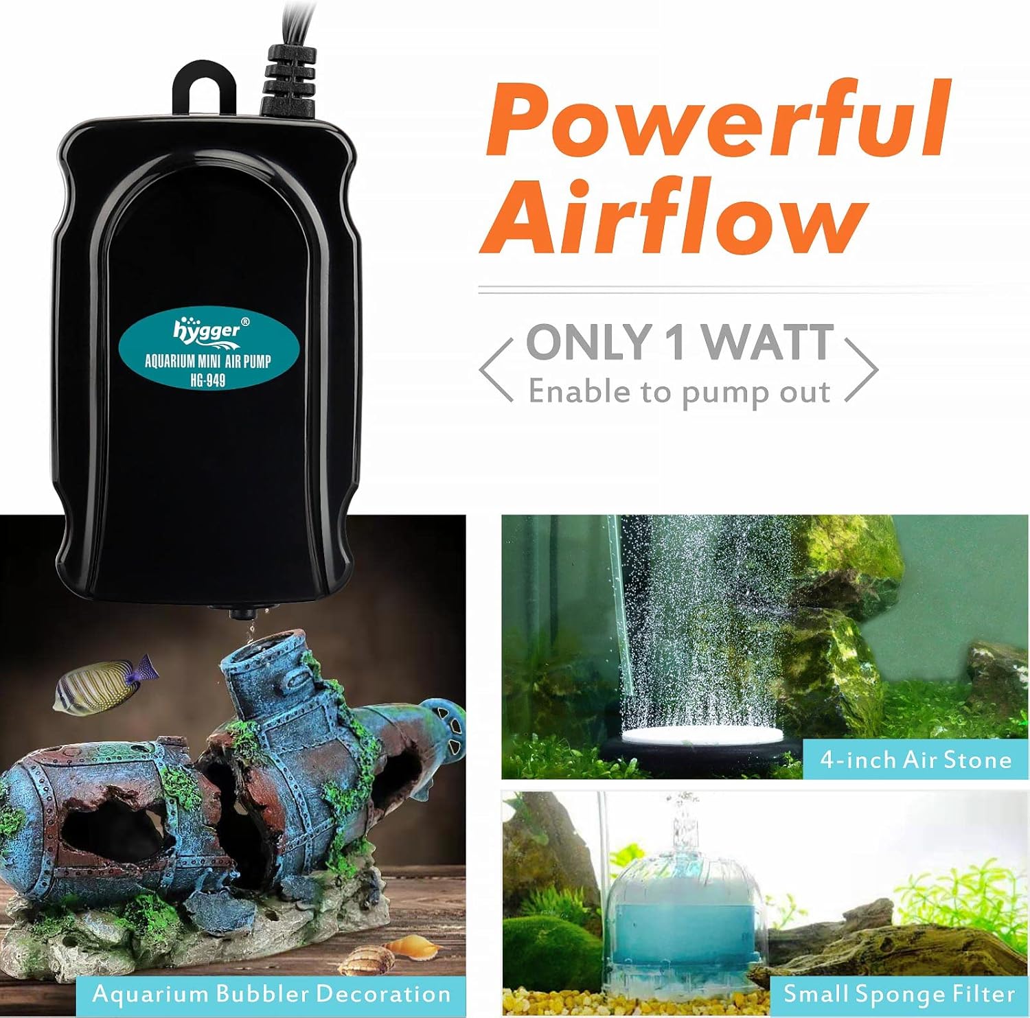 hygger Mini Aquarium Air Pump Kit Small Fish Tank Air Pump 1W for 5-20 Gallon Fish Bowl with Air Tube Air Bubbler Stone Check Valve