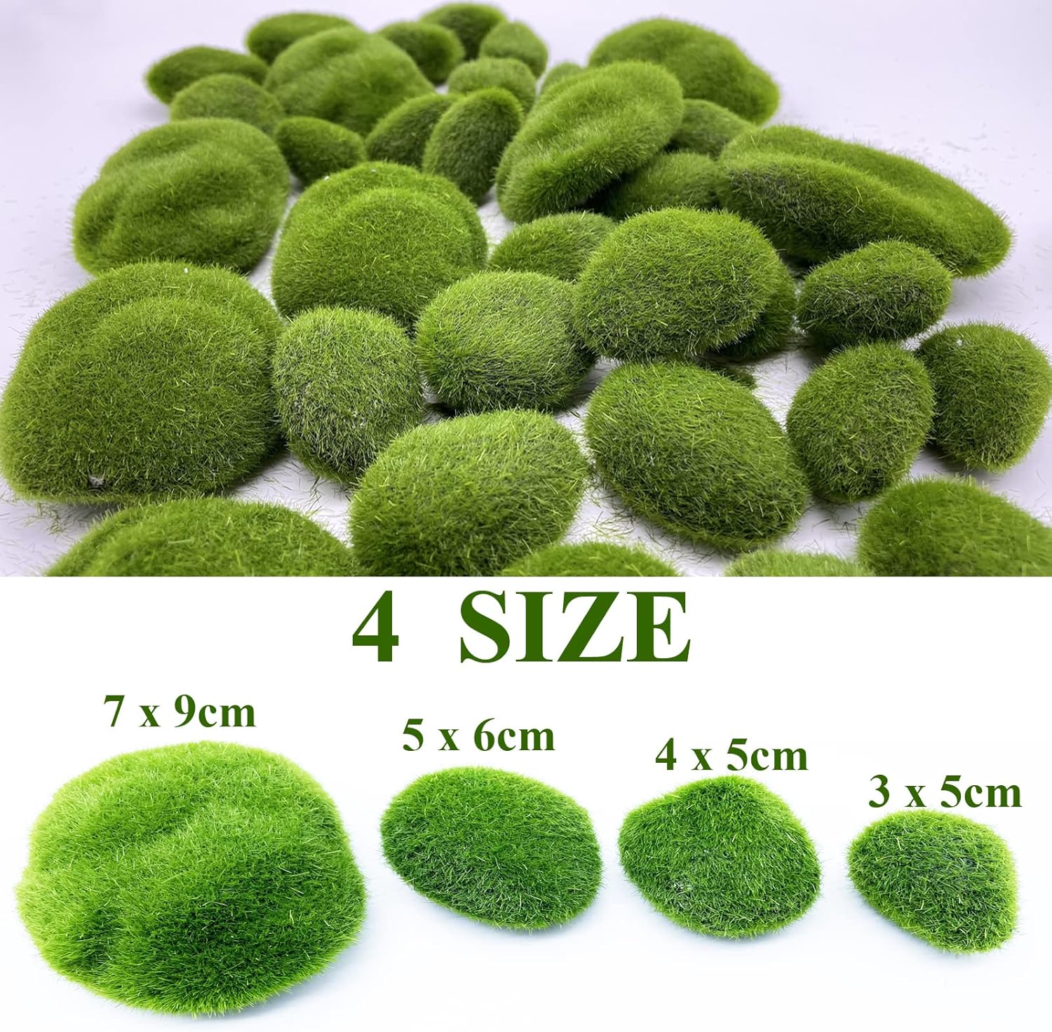 40PCS Artificial Moss Rocks Decorative Moss Balls Green Moss Covered Stones for Plants Decor Home Craft 4 Size