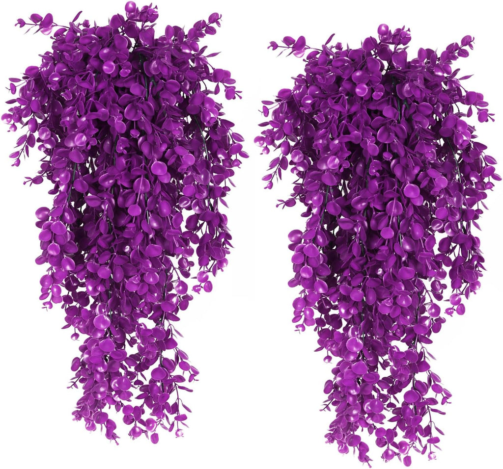 RECUTMS 4 Pack Artificial Plants Hanging Faux Eucalyptus Leaf Greenery Fake Plant for Wall House Room Patio Indoor Outdoor Home Shelf Office Decor (Fuchsia)