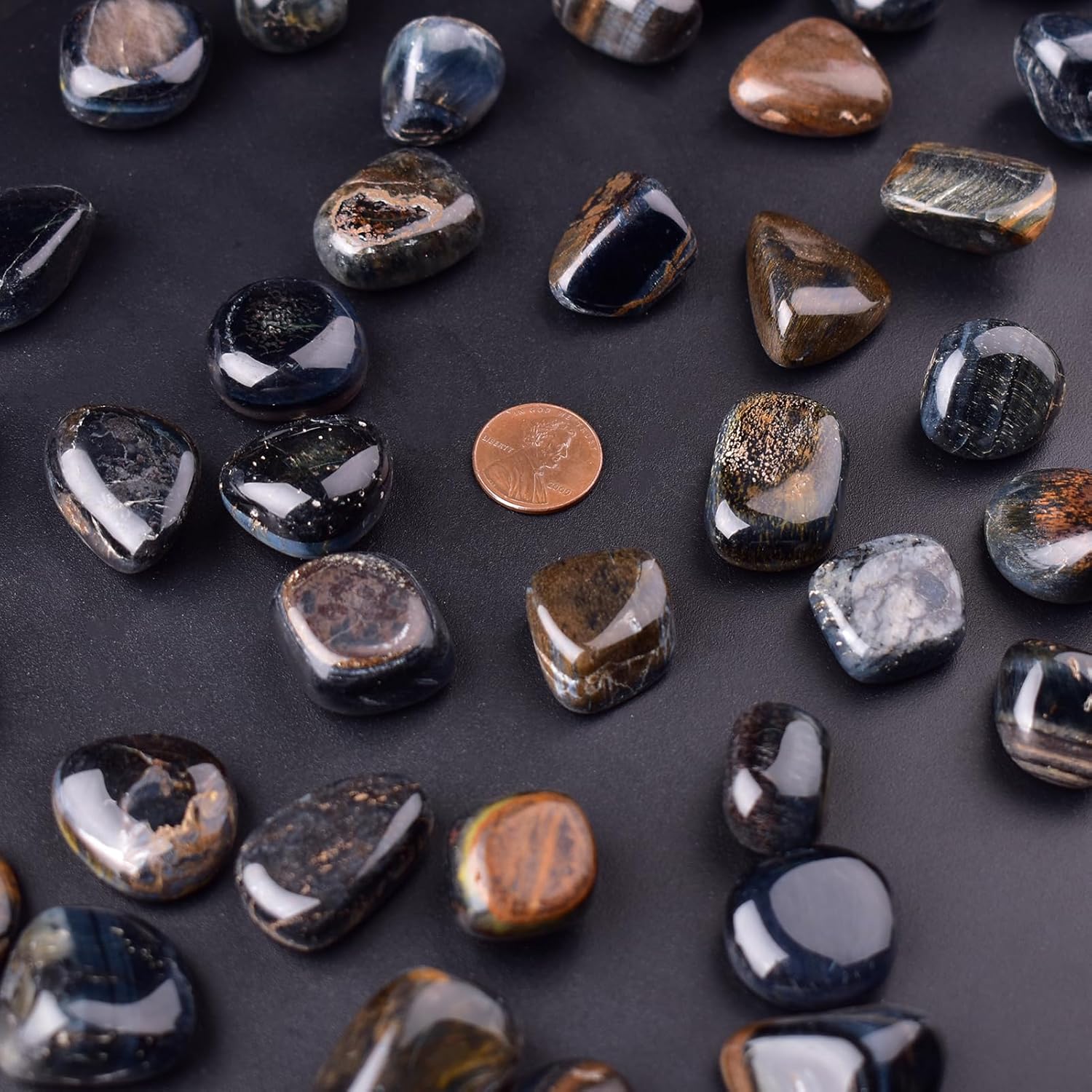 Polished Stone Set Hawk's Eye Crystals, 0.8" Handpicked Tumbled Gemstones Rocks, Pebbles for Reiki, Chakra, Healing, Home Decor