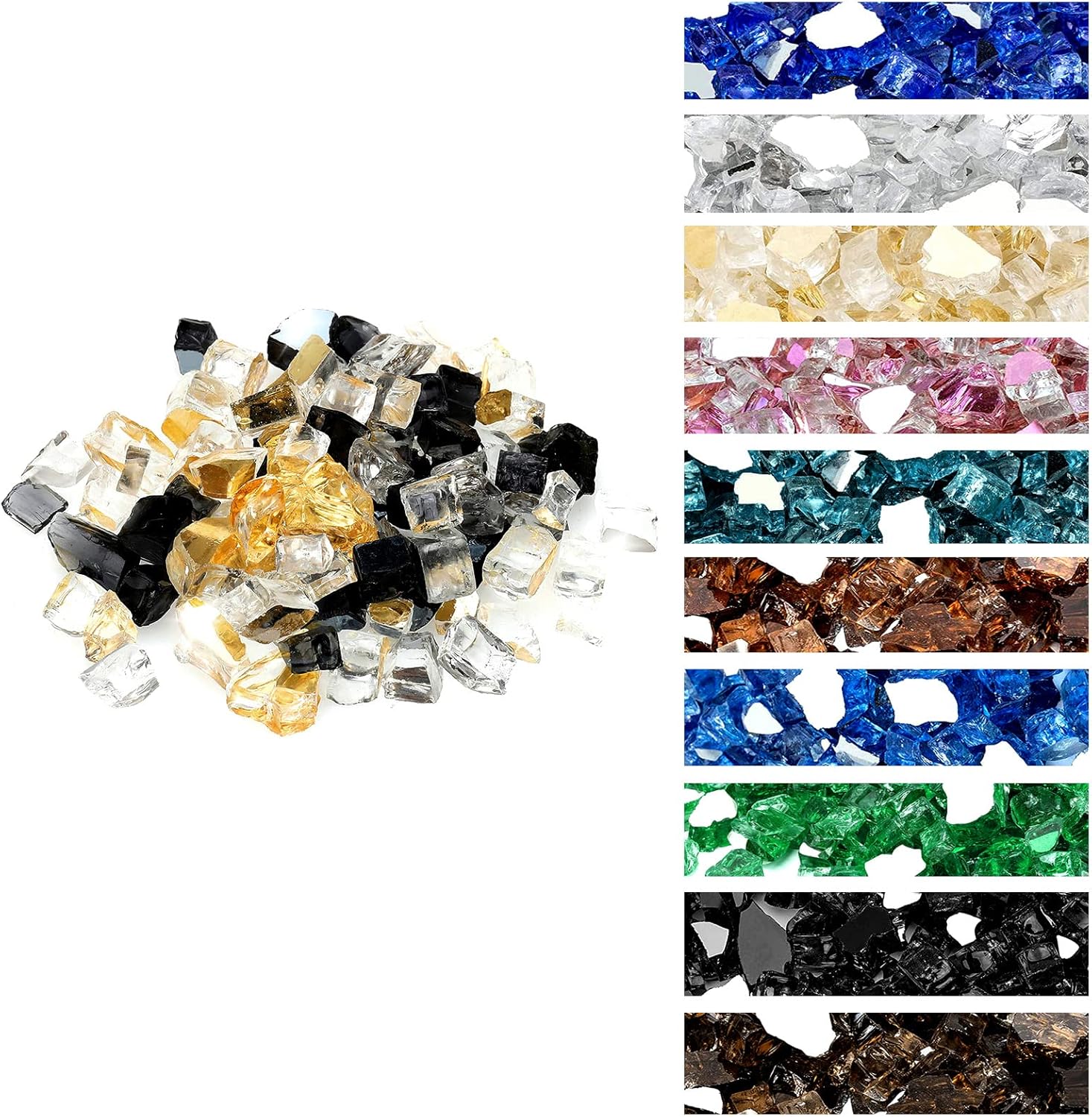 Onlyfire 10 Pounds Blended Reflective Fire Glass for Fire Pit Fireplace and Landscaping, 1/2 Inch Mixed Colored High Luster Fireglass Rocks for Outdoor and Indoor Use - Onyx Black+Platinum+Gold