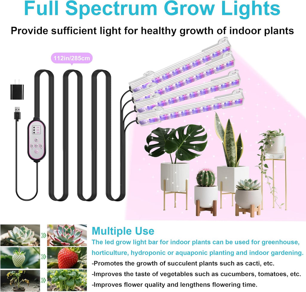 7.8'' Growing Lamp for Indoor Plants, Red & Blue & Yellow Full Spectrum, LED Grow Light Strips with 4/8/12H Timer,10 Dimmable Levels for Green House Succulent,4 Head