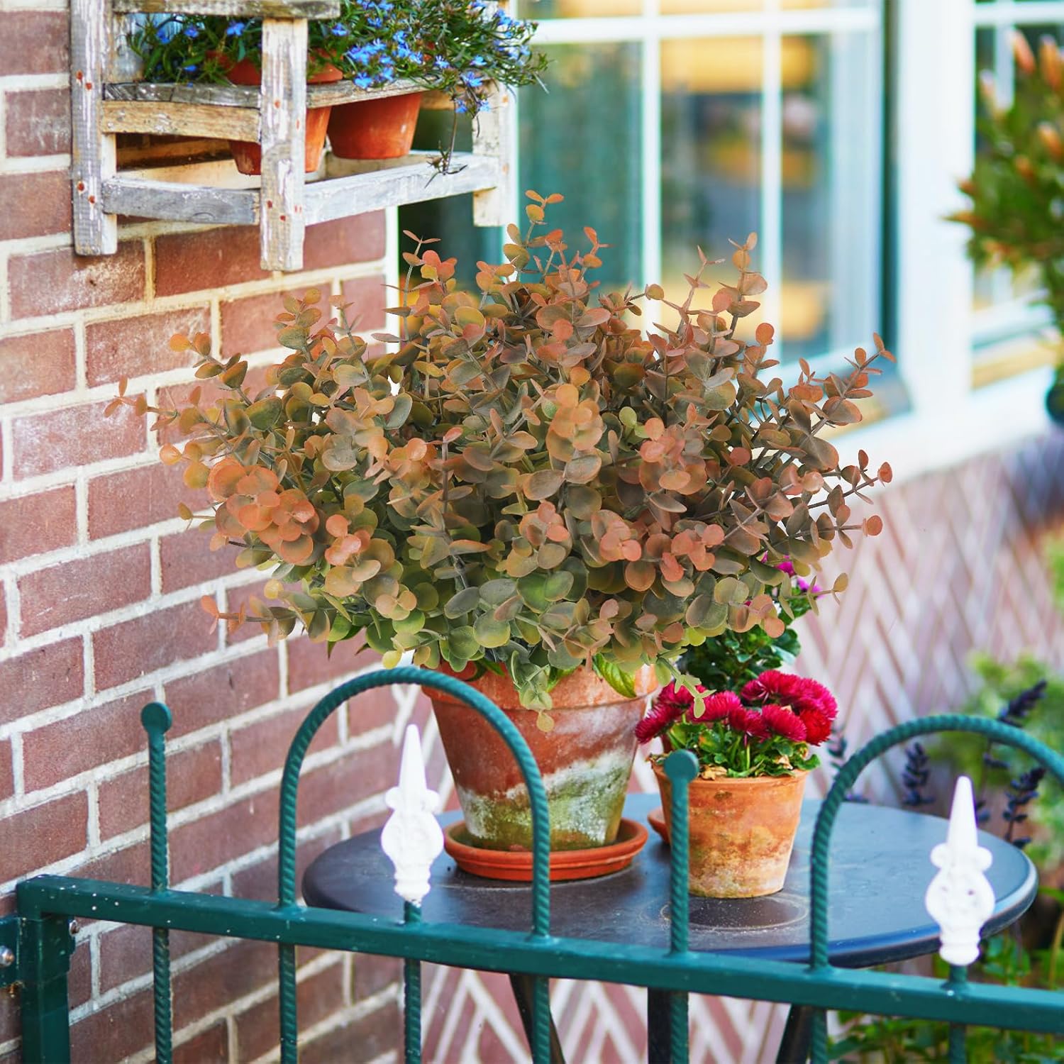 RECUTMS 20 Bundles Artificial Plants Outdoor Faux Plant Eucalyptus Stems Artificial Bushes Boxwood Bushes for Farmhouse Bathroom Office Vase Centerpiece Indoor Outdoor Decor(Dusty Orange)