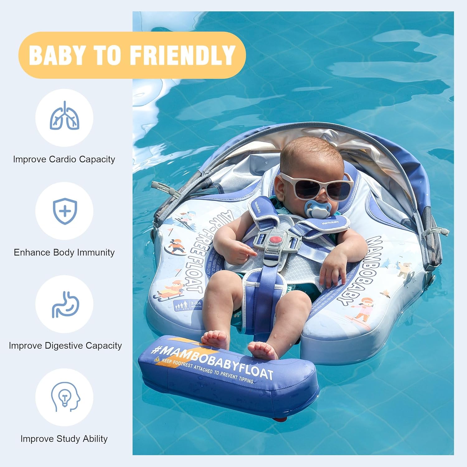 Mambobaby Baby Pool Float with Removable Sun Canopy - Non Inflatable Infant Swim Float with Anti-Flip Tail Design, Waterproof & Skin-Friendly Baby Float for Swimming (3-24 Months)