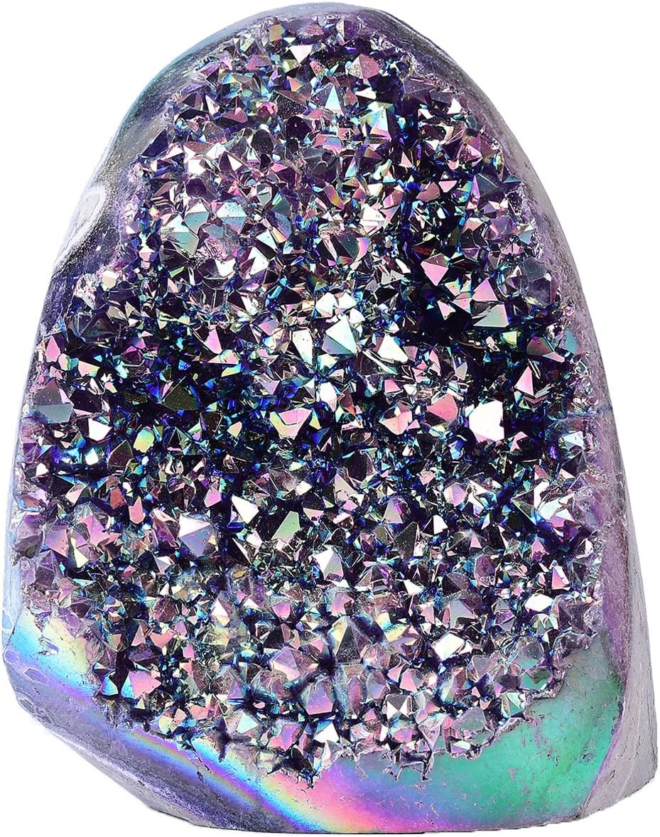 JIC Gem Rainbow Aura Titanium Coated Amethyst (1 lb to 2 lb) Crystal Cluster from Brazil Quartz Geode Gemstone Home Decor