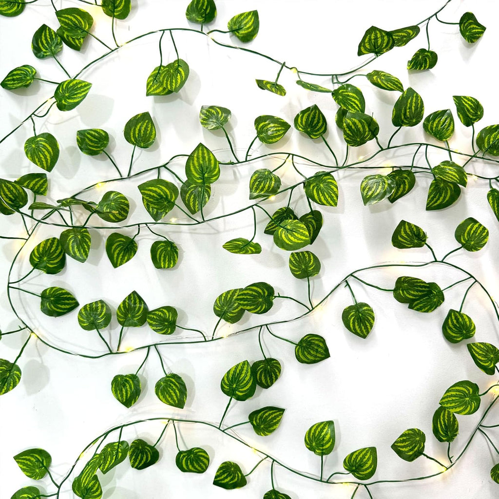 6 Pcs Artificial Hanging Plants Watermelon Leaf Vines With 60 Warm Lights,Watermelon Vine Leaves,Fake Plant Vine Hanging Garland for Wall,Party Wedding,Home,Kitchen,Indoor and Outdoor Decoration